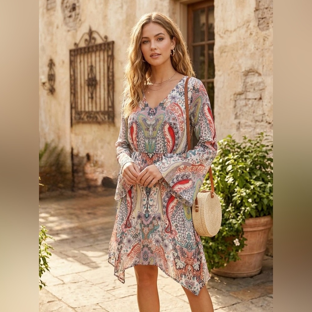 Altar'd State Paisley Bell Sleeve Mini Dress Boho Handkerchief Hem XS Dopamine